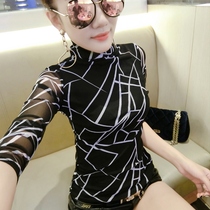 Hong Kong Special cabinet 2022 new spring and summer models with slim and long sleeves 100 hitch undershirt Han version Sexy net yarn blouse