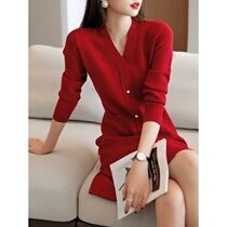 Boo Pala Foreign 21 autumn and winter New French interior Lady V-collar red medium long hip knit dress