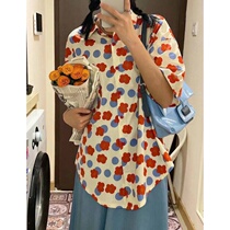 Lin Ajun womens clothing 2021 new shaking sound hot sale 4 2 Japanese flower wave dot short-sleeved shirt