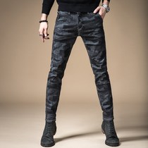 Tide brand 2022 spring and autumn new camouflage jeans mens body fitting Korean style pencil pants mens elastic trend long pants