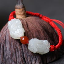 Xiangfu Hetian jade bracelet double brave hand string fortune men and women red this year fortune praying