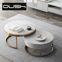 Light extravagant rock plate round tea table minimalist modern small family type living room baking lacquered round primary tea table TV cabinet combination