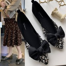 2021 spring new Korean version of Joker bow pointed single shoes women flat bottom shallow mouth ladyed shoes fairy gentle women shoes