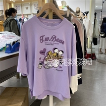 2022 Summer new cartoon embroidered Korean version loose with small bear round collar 100 lap short sleeve T-shirt woman TTRW213802P