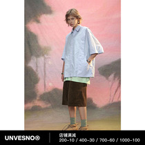 Unvesno (UN) Choir Curved Shirt Casual Retro Brand Couple Stand Collar Loose Short Sleeve Top