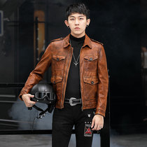 Autumn and winter sheep vegetable tanning leather new trend leather jacket young men's short lapel motorcycle coat leather men
