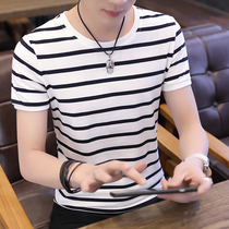 Black and white striped T-shirt mens short sleeve 2019 new Korean slim navy style personality wild round neck sea soul shirt tide tide