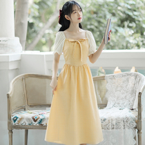 Yellow French square collar dress Women summer 2021 new summer Foreign Air Age plaid skirt waist