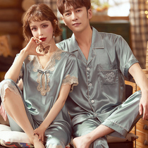 Couple pajamas spring and autumn short-sleeved ice silk suit real Korean version of two thin silk suits for men and women in silk