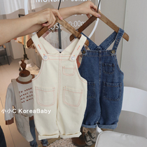 Korean baby childrens loose denim bib 2021 autumn new mens and womens childrens baby cotton casual pants