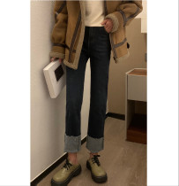 ms sweet end version JUE autumn and winter straight tube high waist loose and thin cover crotch flanging thickened jeans for women