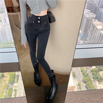 2021 autumn and winter new design sense high waist hollow small feet nine-point trousers Korean slim stretch jeans womens trend