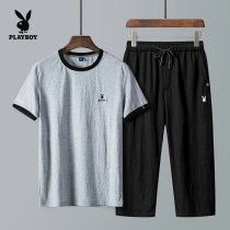 Playboy short-sleeved t-shirt casual sports suit mens seven-point pants Summer thin loose clothing suit 7-point pants