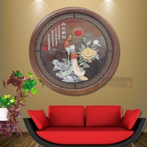 Chinese solid wood pendant Living room round jade carving background wall hanging painting Dongyang wood carving relief painting crafts