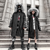 National tide mountain carving long couple coat men and women ins hip-hop cotton coat oversize cotton coat winter