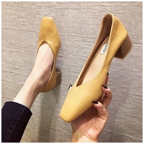 Thick heel single shoes womens 2020 new leather mid-heel V-mouth soft leather wild shallow high-heeled square head retro granny shoes