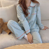 New outwear pyjamas womens spring and autumn style student cute turned-over plaid long-sleeved cardiovert loose home suit suit
