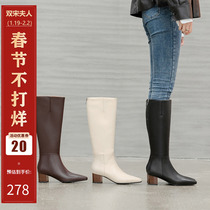 2019 new knight boots womens high tube slim plus velvet square head small medium tube British super hot net red long boots