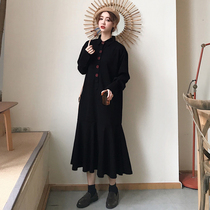 2019 autumn new large size womens Western style age-reducing dress loose and slightly fat mm thin V-neck belly cover long sleeve