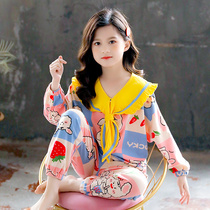 Childrens pajamas Girls spring and Autumn pure cotton long-sleeved medium and large virgin girl Korean cartoon cotton thin home wear set