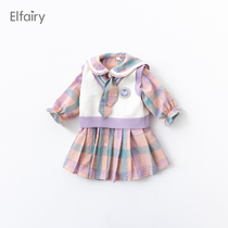 Elfairy girl dress with dress vest Two suits College Wind Children plaid dress girl Spring and autumn dress foreign air