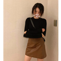 Halo nini brown leather skirt women 2020 new spring and autumn skirt high waist slim Joker a short skirt skirt