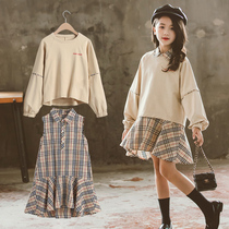 Korean girls dress dress 2021 new spring and autumn clothes in big Children Childrens plaid dress two-piece tide