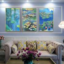 Monet water lily oil painting hand-painted modern living room decoration painting sofa background wall painting European restaurant hanging painting triple