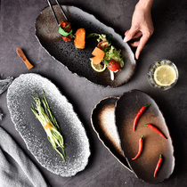 Japanese oval ceramic plate hand knife fish plate meal plate household large flat plate restaurant irregular tableware plate