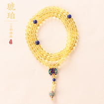 Natural Amber Buddha Pearl 108 Necklace Woman Gold Perm Through Bright Handstring Beads Bracelet Mens PLAY CANDIDA Beads Hand Strings
