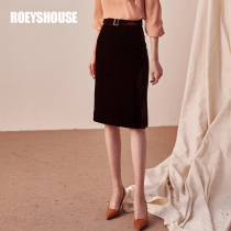 Corduroy medium long skirt new intellectual simple OL Brown slim high waist hip skirt 01259