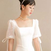 Elegant satin bridal travel light wedding dress 2021 temperament Waist Qiqi white dress French square collar dress skirt