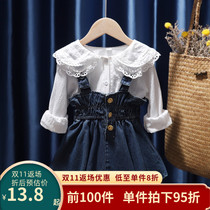 Girls suspender skirt 2022 new Korean version suit spring and autumn childrens spring skirt girl baby denim two-piece suit