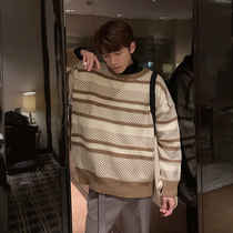Hualun Japanese vintage striped sweater mens autumn and winter round neck versatile knit shirt winter thick Hong Kong style loose