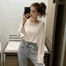 Early autumn white top womens 2021 spring and autumn thin Korean version of the new thin solid color off-the-shoulder long-sleeved t-shirt ins tide