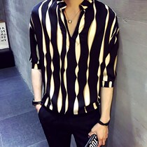 Ice silk Ruffian handsome vertical stripe senior sense shirt men silk harbor style design sense pullover Half sleeve silk shirt men