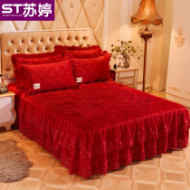  Korean crystal velvet lace bed skirt Autumn and winter thickened warm non-slip big red wedding celebration bedspread three or four-piece set