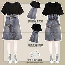 Large size womens 200kg spring and summer new fat sister Foreign style thin cover belly age denim mosaic dress women