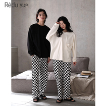 Hot jealous couple pajamas women spring and autumn 2022 new mens long-sleeved pull-up checkered pants loose fashion homewear