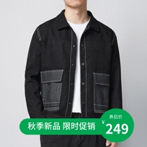 Mormacko autumn lapel tooling jacket mens New loose casual contrast color stitching fashion shirt coat tide