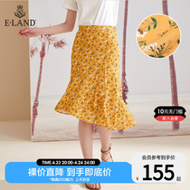 ELAND clothes for womens dress sweet and more cute yellow Broken Flowers Holiday Halfbody Dress Hem Skirt Hem Fairy