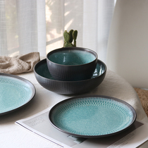 Minimun Nordic ins peacock blue ceramic cutlery suit Home bowls tray set with creative mesh red light lavish dining tray