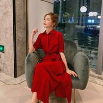 Shirt dress women 2021 new summer French vintage red skirt temperament waist belly slim long skirt