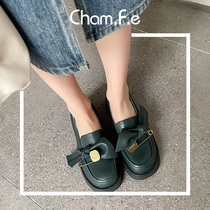 Japanese thick-soled loafers womens one-pedal bow lazy small leather shoes spring and autumn all leather Green single shoes 983J