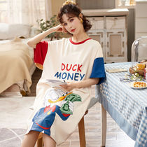 Sleeping skirt women's summer short sleeve pajamas solid color cotton Korean cartoon cute students summer half sleeve sexy home clothing