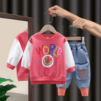Girls net red suit 2021 new spring and autumn female baby Western style fashion sweater childrens spring jeans set