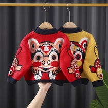 Tiger head sweater childrens spring and autumn small tiger blouses boy girl Korean version winter dress plus suede baby red knitwear
