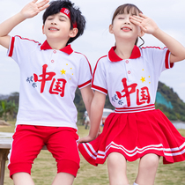 Summer School Uniforms Elementary School Students Banswear Suit China Red Sports Short Sleeve Kindergarten Garden Suit Children Performance Clothes