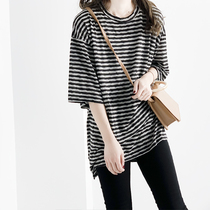 Two fabrics soft to not want to be pituitary special fabric striped short sleeve loose T-shirt woman