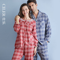 Shile couple Mens cotton thick home fashion v-collar autumn and winter women loose comfortable Plaid home suit